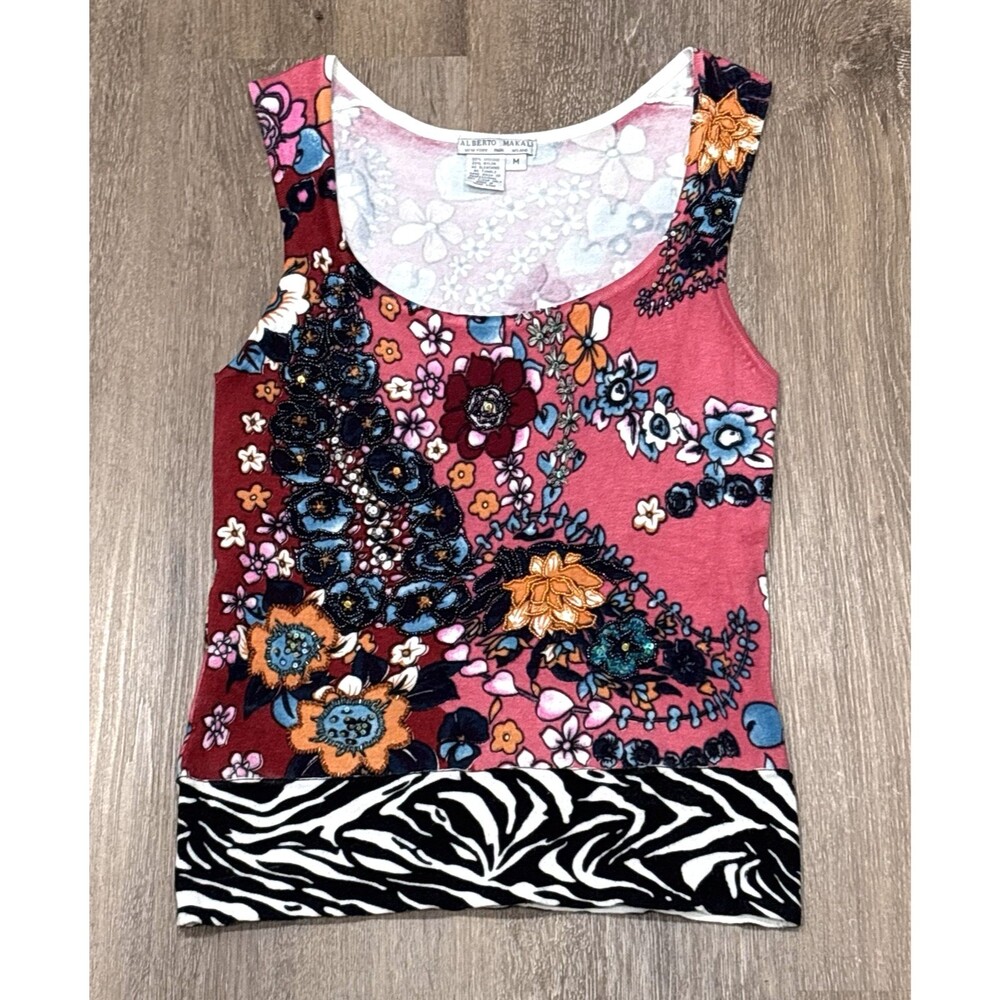 Vintage Alberto Makali Top Medium Pink Floral Sequin Beaded Artsy Zebra Print